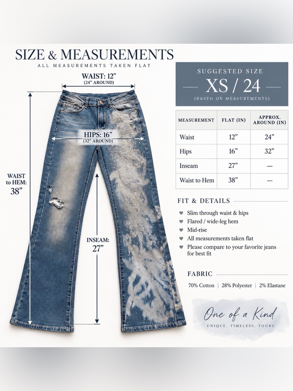 Reworked Rhinestone Artisan Bleached Distressed Wide Leg Jeans OOAK Y2K Boho XS - Picture 7 of 14
